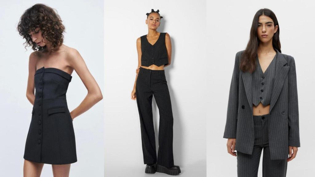 De izquierda a derecha, vestido de Zara, conjunto de Bershka y traje de Stradivarius.